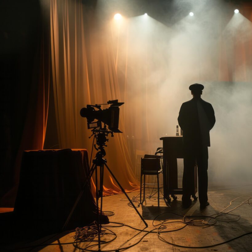 A man is positioned in front of a camera, bathed in light, as he prepares for a photographic capture.