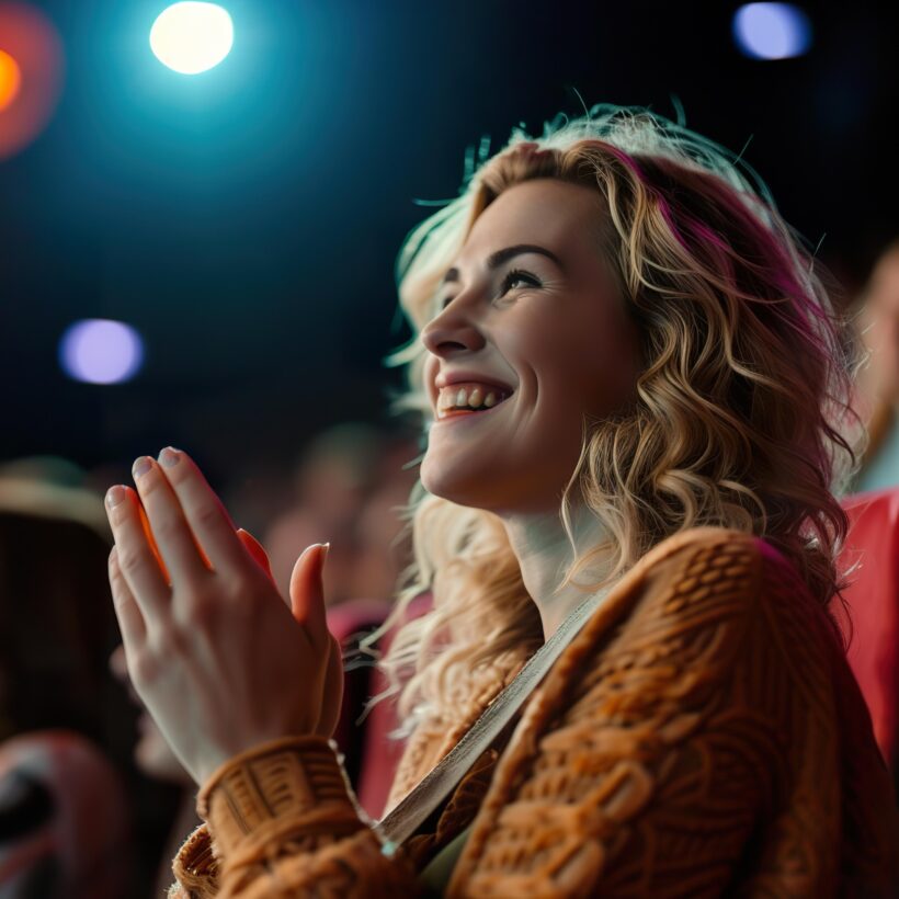 A woman enthusiastically claps her hands in a theatre, surrounded by an audience enjoying a performance.