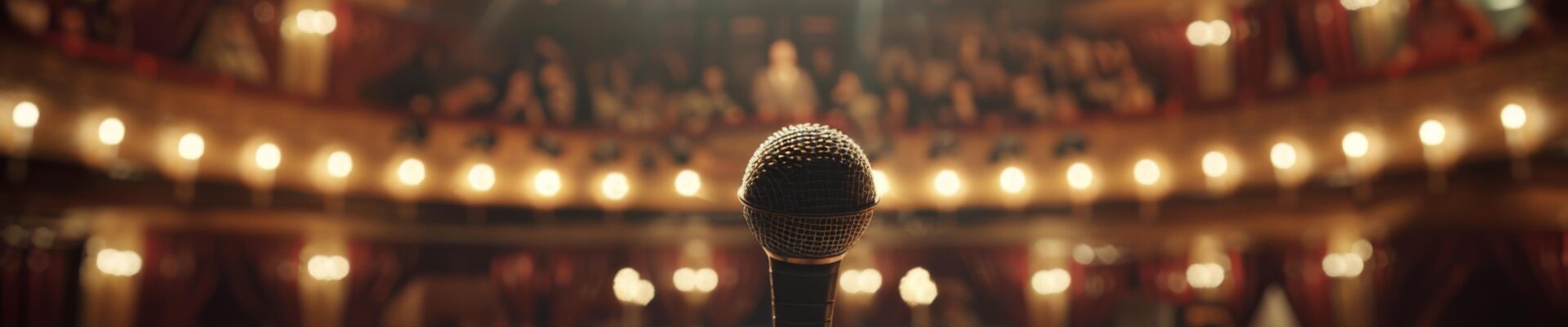 A microphone positioned centrally in a spacious auditorium, ready for a presentation or performance.