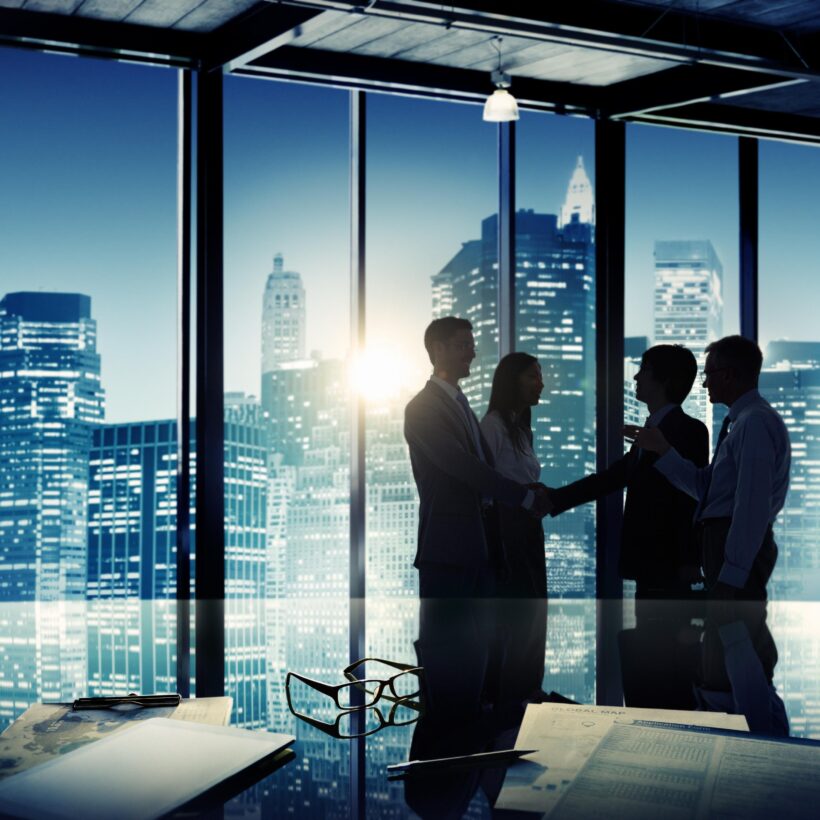 Business professionals engaging in a handshake, with large windows providing a bright backdrop.