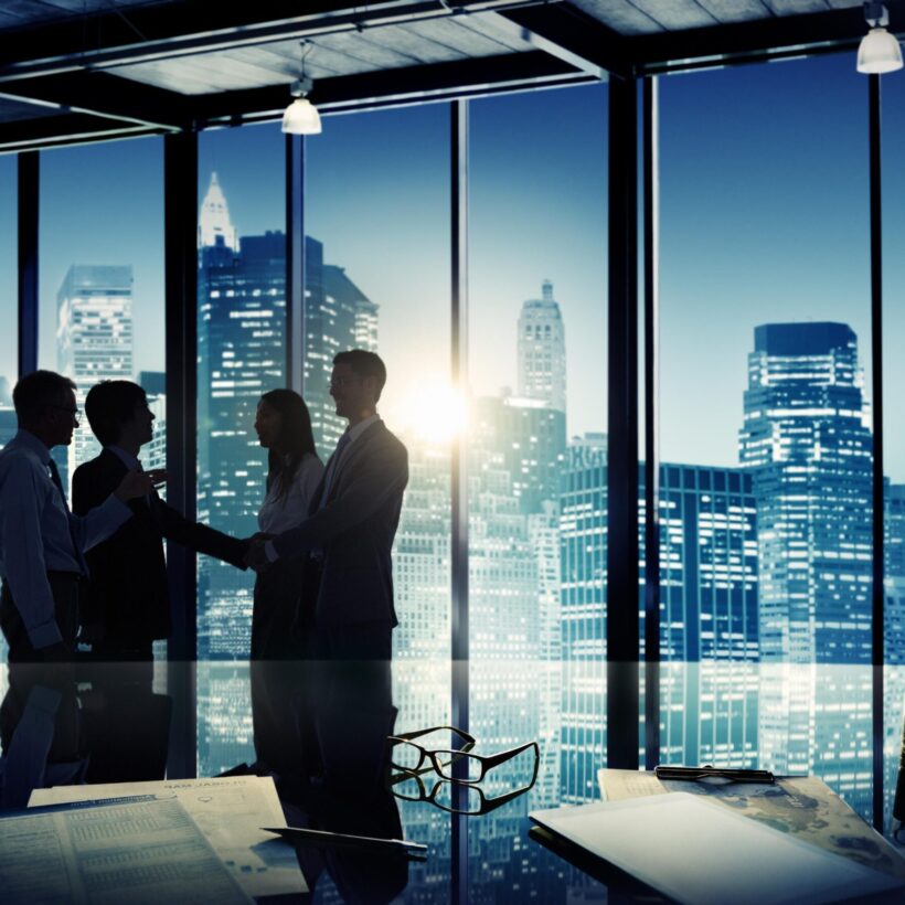 Business professionals engaging in a handshake, with large windows providing a bright backdrop.