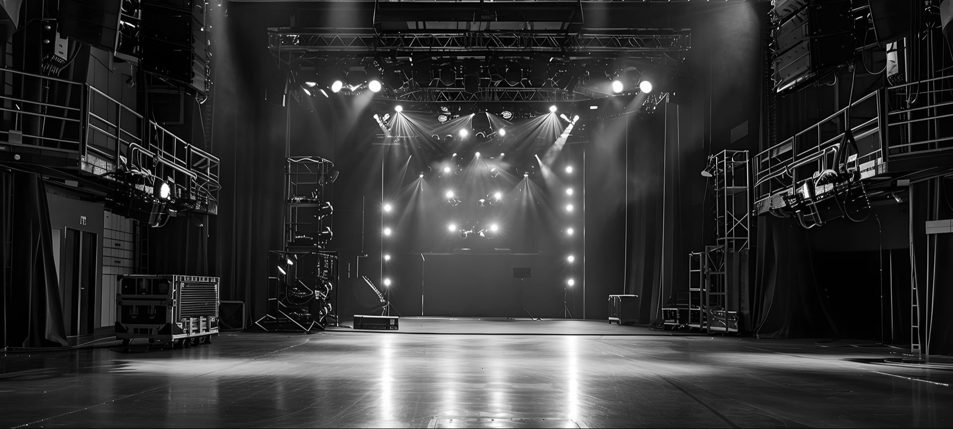 Black and white image of a lit stage with lights illuminating the performance area, ready for an event or show.